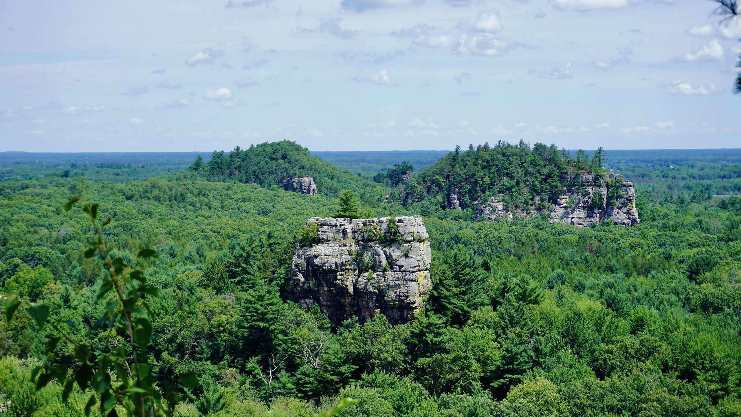 a green forest and 3 bluffs and buttes in mills bluff state park wisconsin