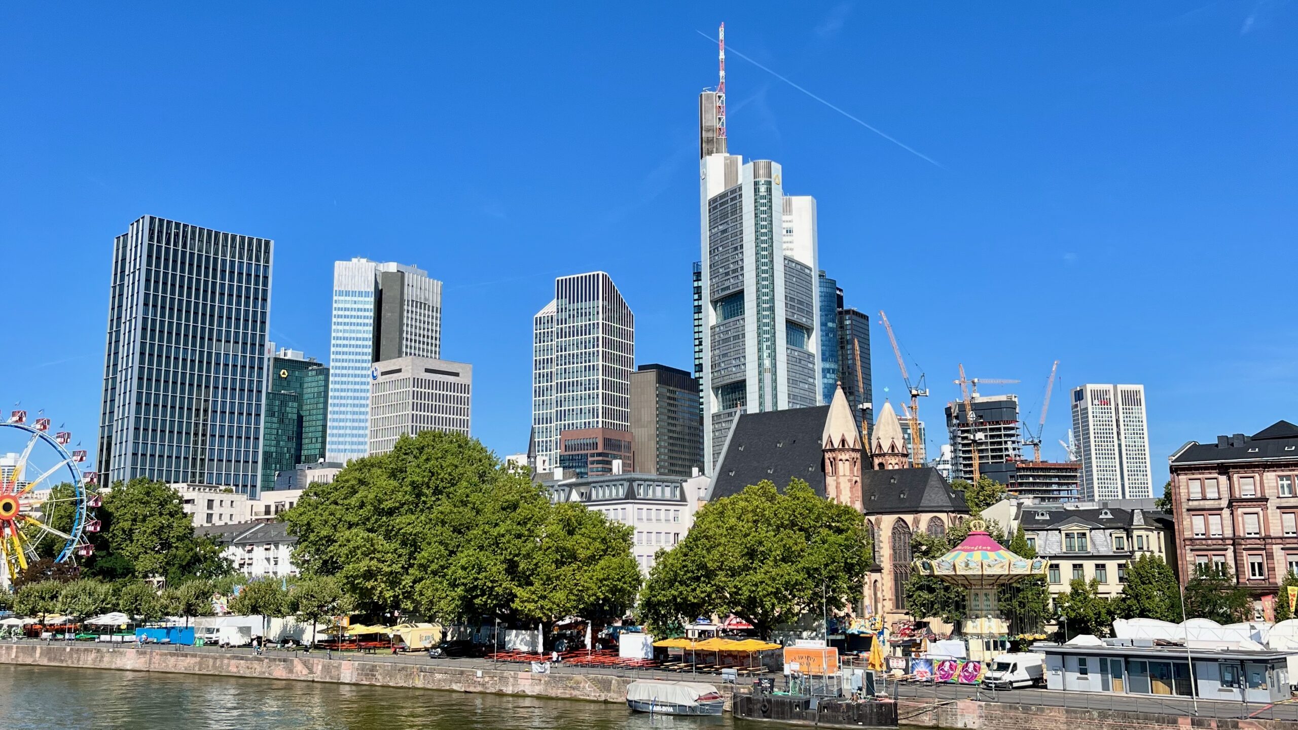 many skyscraper buildings in the financial district of frankfurt germany