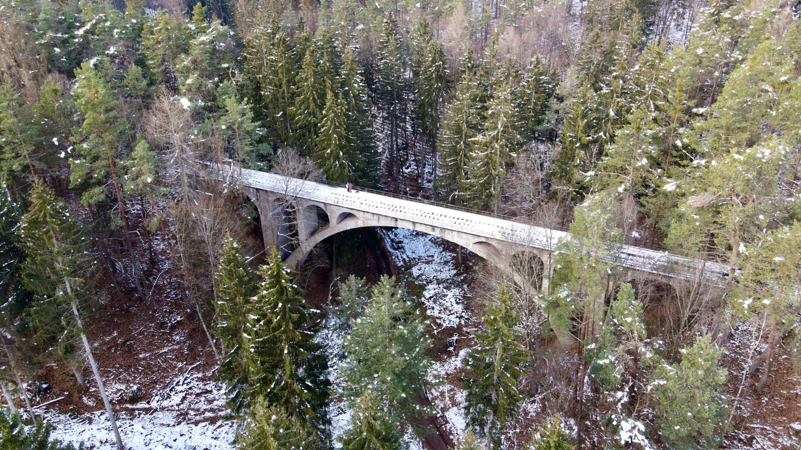 Dreibrunnertal Bridge near kaiserslautern from a drone with green forest and snow on the ground