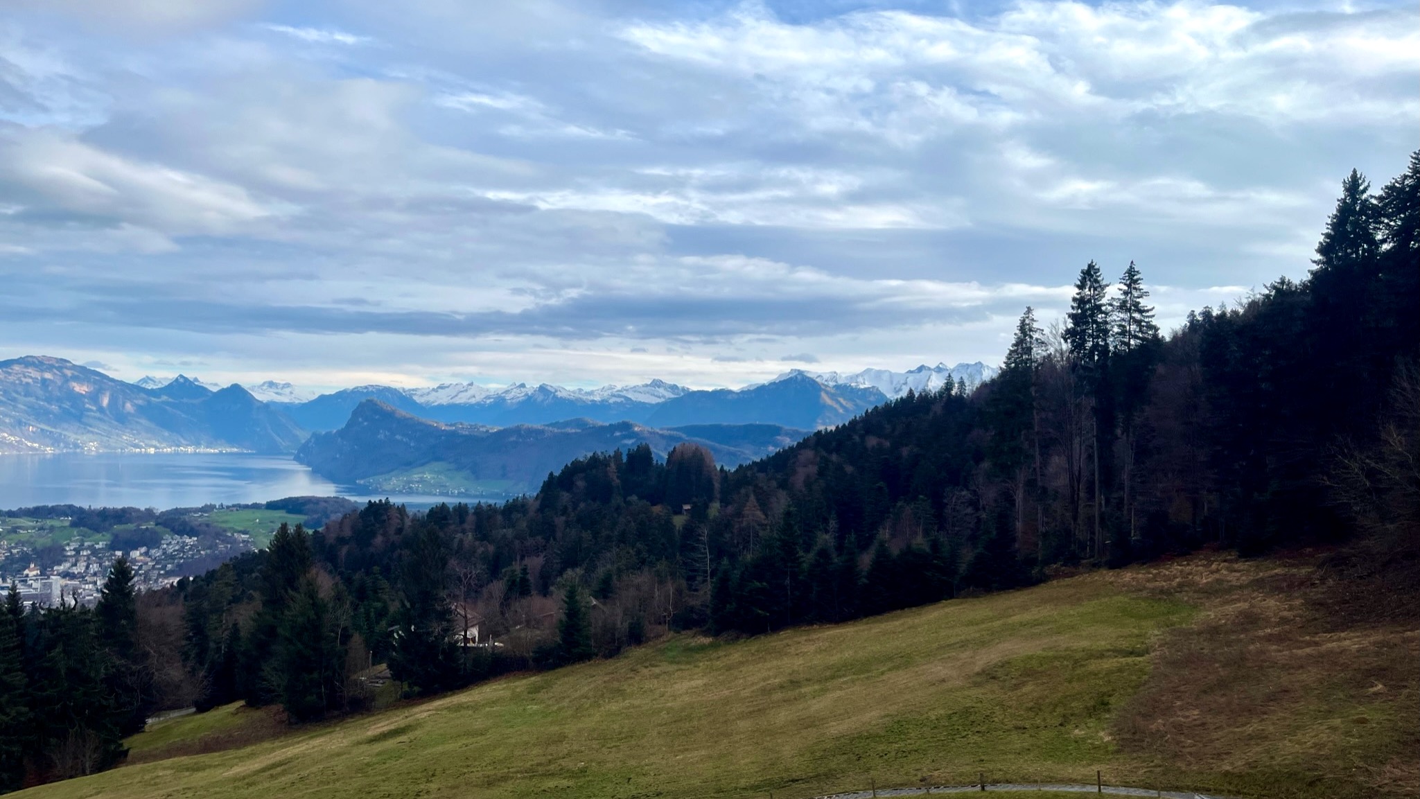 the view from pilatus gondola towards lucerne with mountains and lake in the background and green grassy alp mountains in the foreground