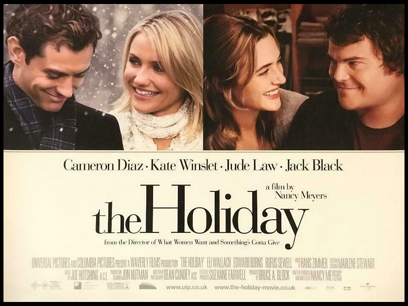 the holiday movie poster starring Cameron Diaz, Kate Winslet, Jude law, and jack black