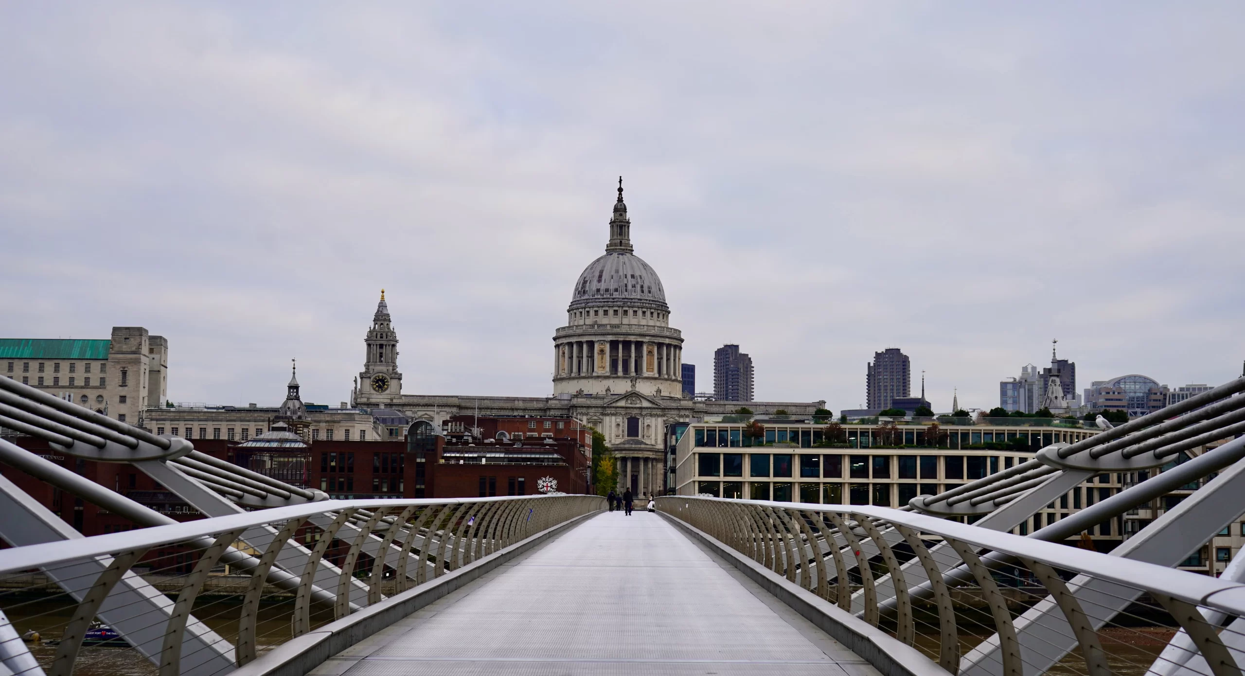 a view of London's st Paul's cathedral from millennium bridge with the dome in the center