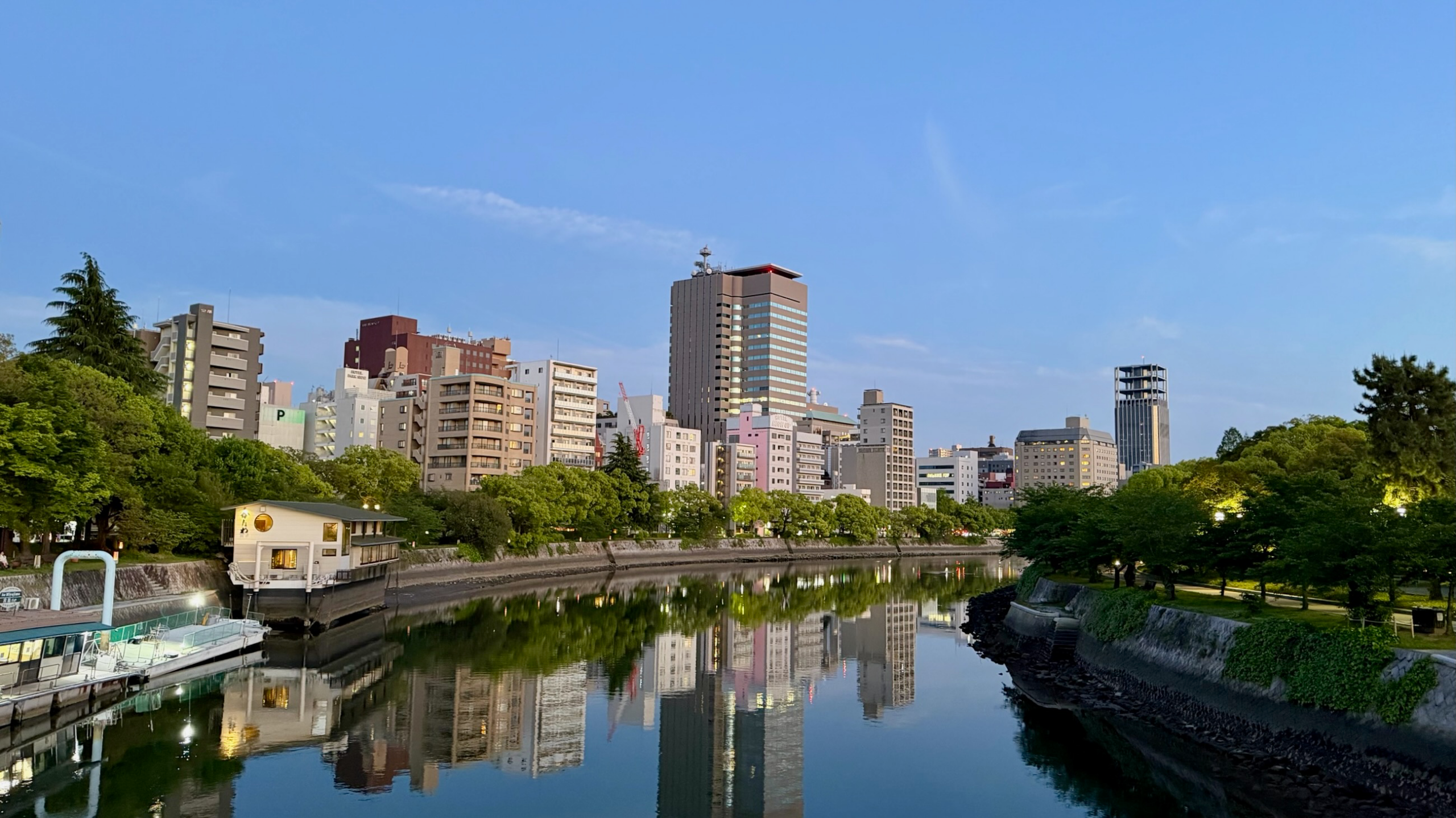 Hiroshima buildings in the evening above the river